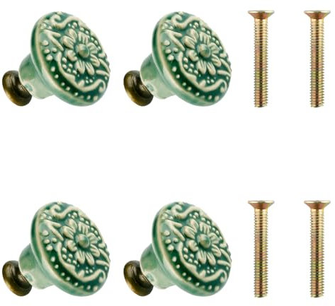 Bojueshaw 4pcs Vintage Cabinet Knobs,Ceramic Drawer Knobs,Green Flower Embossed Furniture Handle with Mounting Screws for Cupboard Drawer Closet Door