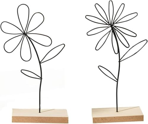 Bohrma 2er Set Aufsteller Blume,24cm Dekoaufsteller Blumen Arrangement Ornamente, Metallring Blumen Dekoring Schwarz, Bastelbedarf Deko Tischdeko Osterdeko Dekoaufsteller Blume Metall Sockel aus Holz