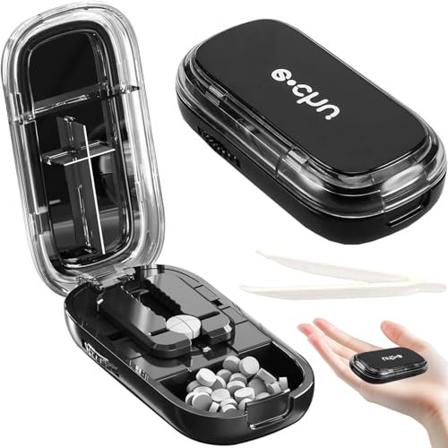 Divisor De Tabletas, Cortador De Tabletas, Divisor De Tabletas, Divisor De Píldoras Con Compartimento De Almacenamiento Y Un Tweezer, Cortador De Píldoras Portátiles Para Viaje (Negro)