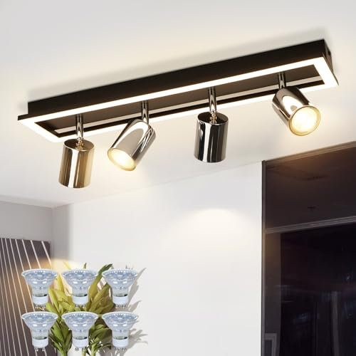 meoaow LED Deckenstrahler 4 Flammig Deckenleuchte: 15W+6x5W GU10 Deckenspots Schwenkbar Küchenlampe Silber Strahler Warmweiß 3000K Deckenlampe 52CM für Büro Wohnzimmer Schlafzimmer Esszimmer