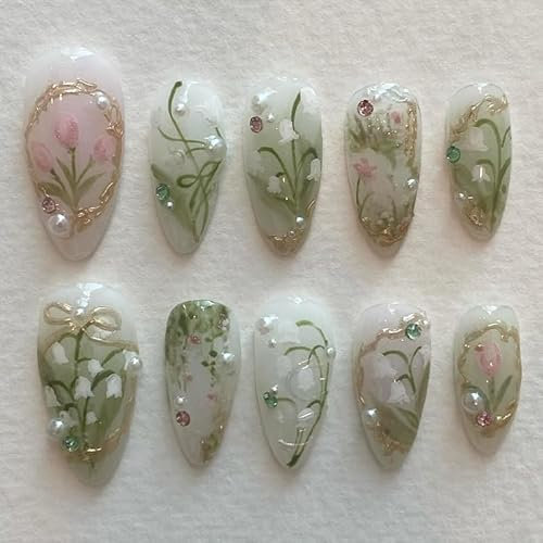24PCS Long Almond Press on Nails with 3D Bow, Heart & Rhinestone Design – Glossy Pink & White Fake Nails in 12 Sizes, Elegant Stick-on Tips for Women Girls (1)