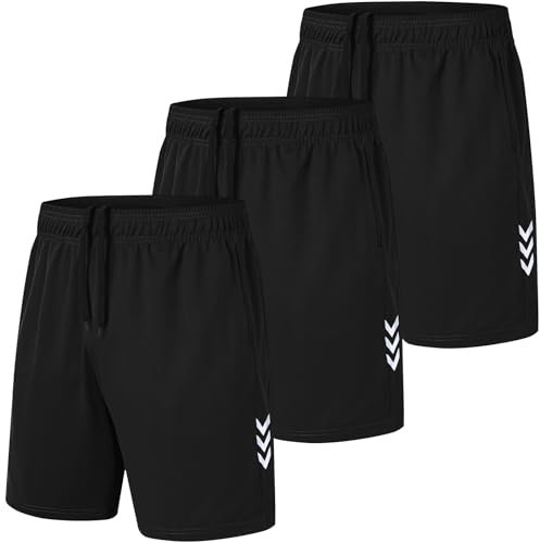 kuzwufs Herren Jogginghose Kurze Lauf Sport Shorts Polyester Training Fußball Hose 3er Pack Kurze Dry Fit Gym Basketball Shorts 3 Schwarz-M