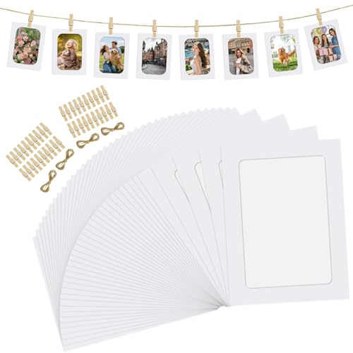 40 Stück Fotogirlande, Papier Bilderrahmen mit Klammern und Leine | Fotoleine mit Klammern, Foto Girlande, Fotos Aufhängen zum Aufhängen für Geburtstage Hochzeiten Wanddekoration (Weiß)