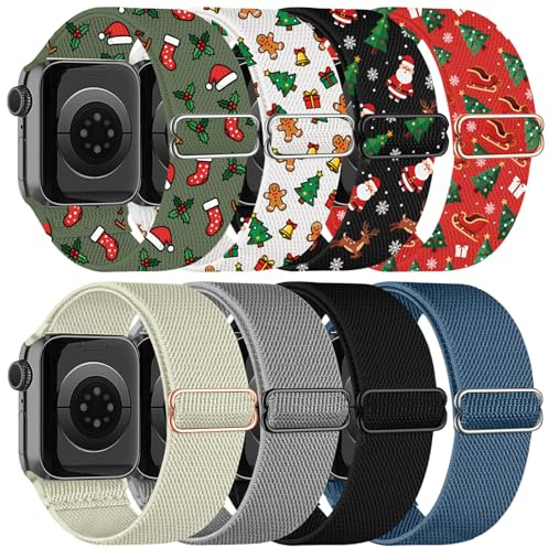 chinbersky 8 Stück Elastisches Nylon Loop Weihnachten Armband Kompatibel mit Apple Watch Armband 40mm 41mm 38mm 42mm, Stoff Dehnbare Sport Ersatzarmband für iWatch Series 11/10/9/8/7/6/5/4/3/2/1/SE
