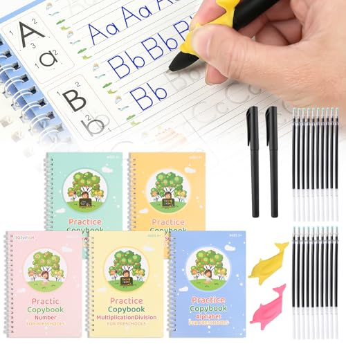 Confezione da 5 libri di pratica per la scrittura a mano, libri di pratica riutilizzabili con scanalature magiche, quaderno con 2 penne, 20 ricariche per penne e 2 impugnature per penne, imparare a