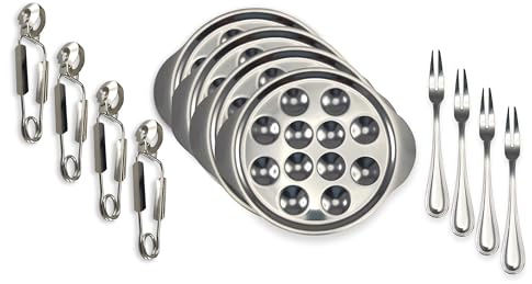 Lebrun Couverts MOZART 12 Pièces : Assiette Escargot 4pièces 12 Trous + 4 Fourchettes + 4 Pinces – Service à escargots en Acier Inoxydable - Dégustation Propre et Élégante