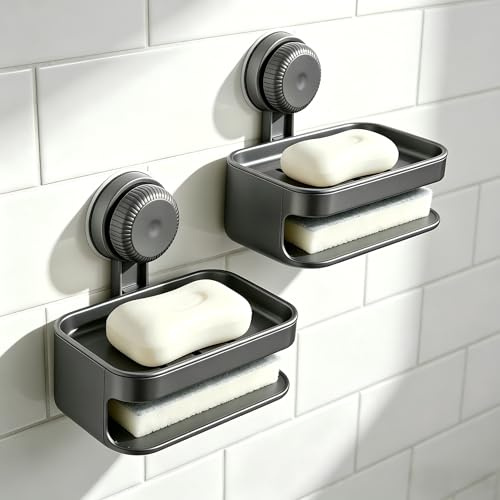 Winsegom Suction Cup Soap Dish for Shower, Double Layer Self-Draining Soap Holder with Sponge Storage, Drill-Free Soap Tray, Removable Soap Case for Bathroom, Tub and Kitchen Sink (Grey)