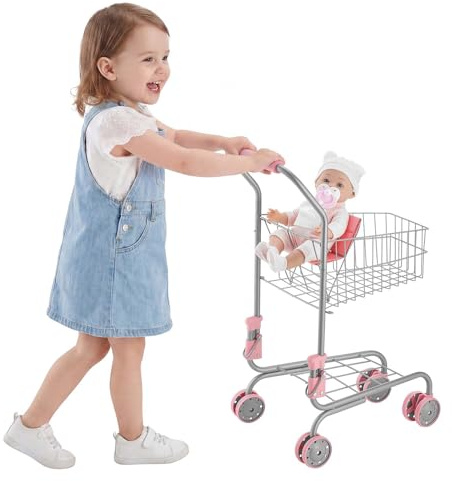 VEVOR Chariot de Courses pour Enfants, Cadre en Métal, Chariot de Supermarché Jouet avec Poupée, pour Enfants de 3 ans et plus, avec Roues et Panier en Maille Dense, Pliable, Panneau Arrière Relevable