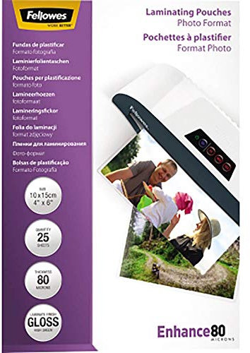 Fellowes Laminierfolien Fotoformat 10 x 15 cm, 80 Mikron (2 x 80 mic), glänzend, 25 Stück