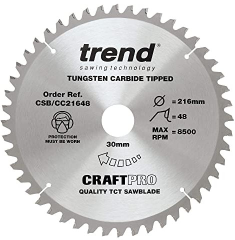 Trend Holz Kappsägeblatt, 216mm Durchmesser, 30mm Bohrung, 48 Zähne, HW, 2,6mm Schnittbreite, -5° Haken, CSB/CC21648