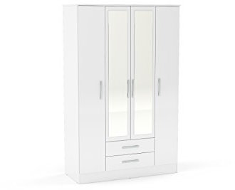 Birlea Lynx 4-Door 2 Drawer Wardrobe with Mirror - High Gloss, White