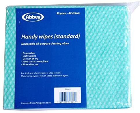 Abbey Pack of 50 Disposable J Cloths Non Woven Wipes – All Purpose Green Cleaning Cloths – Jay Cloth to Clean Surfaces, Bathroom, Windows, Dish cloth –Kitchen Cloth 42 x 35cm (Green)