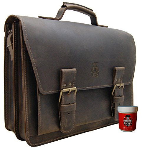Freiherr von Maltzahn Aktentasche, Laptoptasche HERTZ aus braunem BIO-Leder, Made in Germany, inkl. Lederpflege