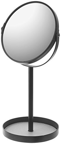YAMAZAKI Espejo Redondo de pie-Organizador de baño y Dormitorio con Bandeja Pantalla de Accesorios, Acero aleado, Negro, 33L x 17.5W cm