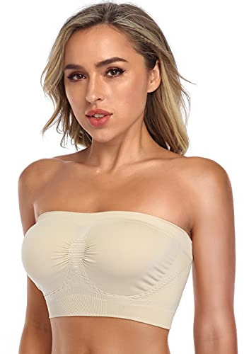 ANGOOL Bandeau Bra Seamless Non Padded Strapless Bra Boobtube Style Stretch Basic Layer Soft Bralette, Beige, M Fit 32D 36B 36C 38B 38C
