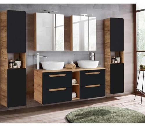 Lomadox Badmöbel Komplett Set seidenmatt anthrazit mit Wotan Eiche Nb., 140 cm Waschtisch-Unterschrank mit 2 Keramik-Waschbecken, LED-Spiegelschrank, 2 Hochschränke