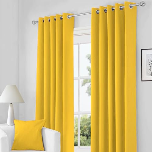 RayyanLinen Readymade Blackout Thermal Eyelet Ring Top Pair of Curtains Including 2 Tiebacks (OCHRE YELLOW, Width 66 x Drop 72)