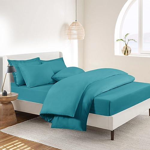 RUIKASI Super King Duvet Set 4 Piece Teal - Superking Bedding Sets Microfiber Duvet Cover with Fitted Sheet and Pillow Cases