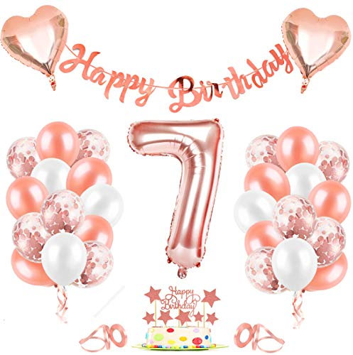 Luftballon 7. Geburtstag Mädchen, Geburtstagsdeko 7 Jahre Mädchen, Luftballon 7 Rosegold, Folienballon 7 Mädchen, Happy Birthday Banner, Ballon 7 Rosegold für Mädchen Geburtstag Party
