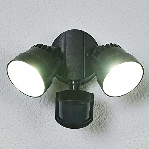 CGC Black Twin LED Spotlight Floodlight Outdoor Wall Light 2 Head Spot Security Adjustable Head Garden Porch Patio Lamp Slim Modern New Garage Shed (Double Wide Spotlight with Sensor)
