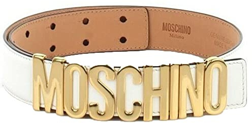 MOSCHINO Gürtel aus mattem Leder weiß mit großem Logo Gold Größe 48, Weiß, 42