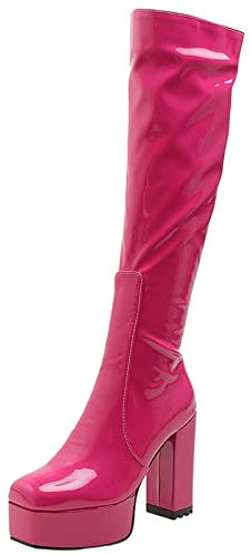 MJIASIAWA Donna Prom Tacco Chunky Plateau Knee Zip Vernice Stivali Equitazione Tacco Alto A Blocco Inverno Warm Festa Boots Rose-Rosso Numero 41 EU/43 Asiatico