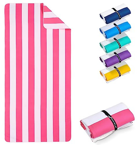 Fit-Flip Toalla de Playa Microfibra Grande - Ligera, Fina y de Secado rápido – Toallas para Viajes, Natación y Piscina - 100% reciclada – a Rayas Rosa - Blanco – 200 cm x 90 cm