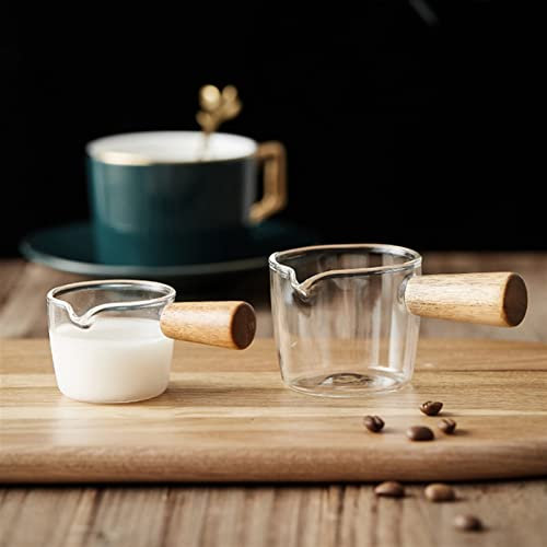Gravy Boat for Milk, Broth, Sauce Mini Glass Milk Cup Coffee Milk Pitcher Cup Small Glass Milk Jug Sauce Cup with Wood Handle Gravy Boat Seasoning Dish Tableware for Dining, Holiday Meals,Parties