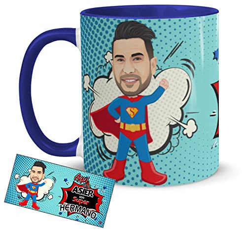 Kembilove Tazas Desayuno con Caricaturas Personalizadas y Nombre – Tazas de café Personalizadas Aquí bebe un Super Hermano – Regalos originales Familia