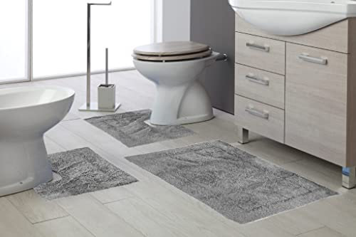 tappeto da bagno art. tenero morbido e folto assorbente con antiscivolo sotto vasca doccia lavabo lavandino bidet e wc water toilette 100% cotone (3 PEZZI (1PZ 50X80CM + 2PZ 50X40CM), GRIGIO)