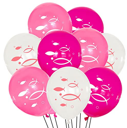 Oblique Unique® Fisch Luftballon Set - 10 Ballons mit Fischmotiv für Taufe Kommunion Konfirmation Mädchen Geburtstag Hochzeit Deko Weiß Rosa Pink