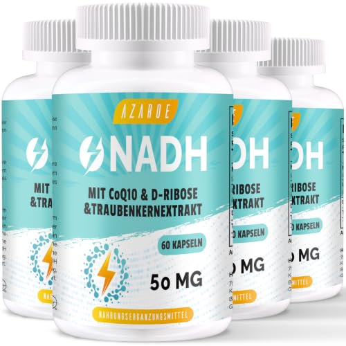 NADH 50mg Kapseln mit Ubiquinol Q10, Hochdosierte Komplexe NADH-Formel in reduzierter Form, ohne Zusatzstoffe, 60 Kapseln (4er Pack)