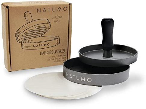 NATUMO Burgerpresse Set aus Hamburgerpresse und Burger Papier (50x Trennpapier), Burger Maker aus Aluguss (Ø 11cm, 200g), Profi Burger Pattie Presse mit Antihaftbeschichtung (Gunmetal)