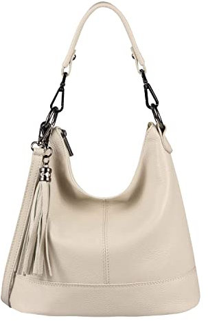 OBC Made in Italy Damen Leder Tasche Umhängetasche Shopper Schultertasche Handtasche Crossbody City Bag Crossover Ledertasche Damentasche Fransen Beige