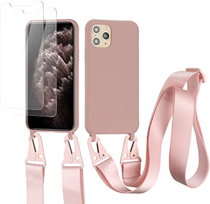 vrupin kompatibel mit iPhone 11 Pro Handykette Hülle,[2 Stück Schutzfolie 9H Härte Gehärtete Folie].Necklace Hülle Nylon Schultergurt Weich Flüssiges Silikon-Lotus Farbe