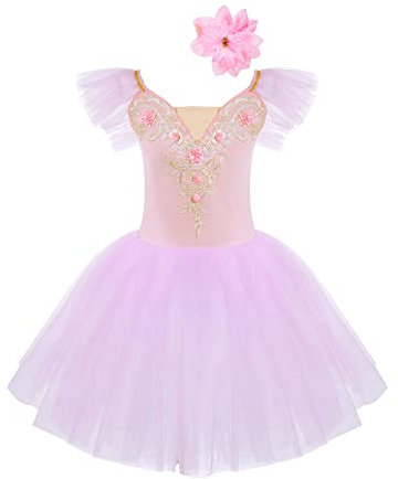 TiaoBug Mädchen Ballettkleidung 3tlg.Set Ballettkleid+Handschuhe+Haarband Kinder Ballettanzug Ballett Trikot Tanz Kostüm Tütü Kleid 104 110 116 122 128 140 152 Rosa M 134-140