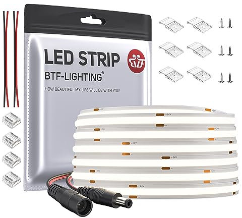 BTF-LIGHTING FCOB COB Natürliches Weiß 4000K Flexibel Hohe Dichte Licht dimmbare LED-Streifen CRI90 + 10M 336LEDs/m DC24V 8W/M 8mm Breite biegsam FOB LED-Band für DIY Innenbeleuchtung Projekte