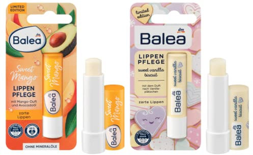 Balea 2er-Set Lippenpflege: Lippenpflegestift SWEET MANGO mit Avocadoöl (4,8 g) + Lippen Pflegestift SWEET VANILLA BISCUIT mit Sheabutter & Bienenwachs (4,8 g), 9,6 g
