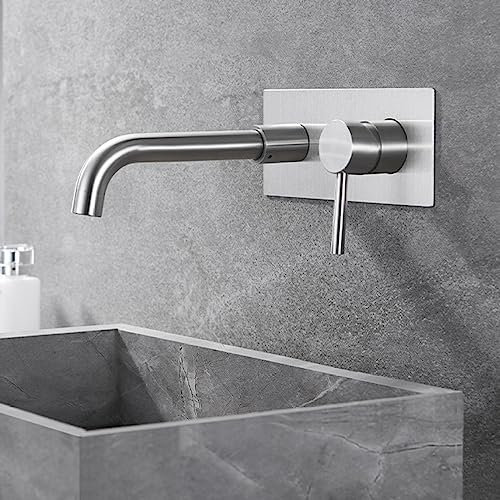 ZYCDP Miscelatore Lavabo a Parete,Rubinetto Bagno in Acciaio Inox,Miscelatore Monocomando,Miscelatore per Lavabo a Muro,Fredda e Calda Regolabile Rubinetto per Lavabo Bagno,Spazzolato
