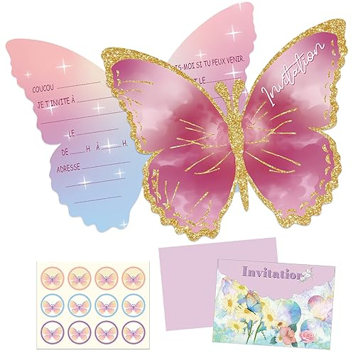 12 pièces de cartes d'invitation papillon français, cartes d'invitation de fête, carte d'invitation de fête papillon, invitations d'anniversaire, cartes d'invitation pour anniversaire d'enfant fille