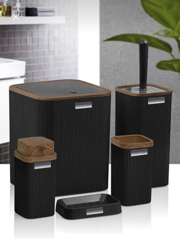 Badezimmer Zubehör aus Holz Badezimmer Set Luxus Modern Bad Set Zahnbürstenhalter Becher Toilettenbürste Set Seifenschale Mülleimer Seifenspender (Schwarz)