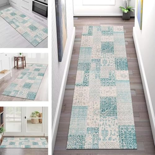 Teppich Läufer Flur Küche rutschfest waschbar Küchenläufer Korridor Tepiche Lang 60X400CM Blau Grau Polyester Teppichläufer Meterware Kücheteppich Schlafzimmer Wohnzimmer Flurmatte Breit 40-120cm