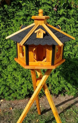 Vogelhaus aus Holz wetterfest (XL mit Ständer, Schwarz)