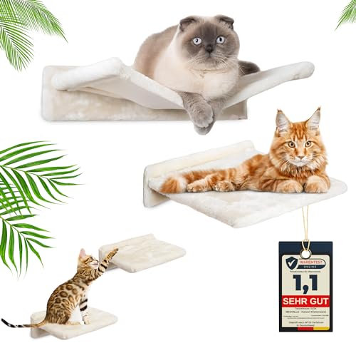Meoville® Katzen Kletterwand Set XXL 4-Teilig [Massivholz - Extra Stabil] Katzenhängematte, Katzenliege, 2X Katzentreppe | Katzen Wandelemente | Wandkratzbaum | Katzen Kletterwand | Katzenwand beige
