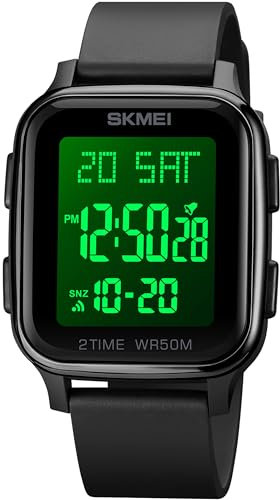 findtime LED Digitale Armbanduhr Herren Damen Schwarz Rechteck Quadrat Große Zahlen Unisex Herrenuhren Sport Wasserdicht Doppelzeite Timer Stoppuhr