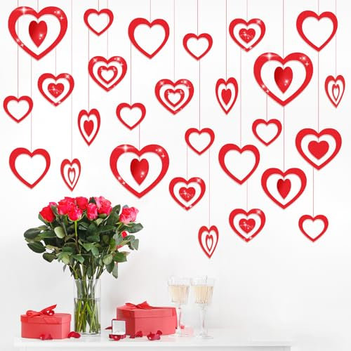 LANMOK 35 Stück Valentinstag Herz zum Aufhängen Rot Herz Deko Girlande Glitzer Papierherzen Girlande Herzgirlande Hängedeko für Valentinstag Hochzeit Jubiläum Party