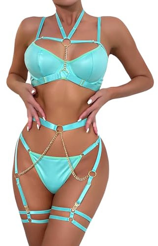 Aranmei Ensembles de Lingerie pour Femme Sexy à Bretelles 5 pièces avec Jarretelles avec Soutien-Gorge Push-up à Armatures et chaîne(Vert Clair,S)