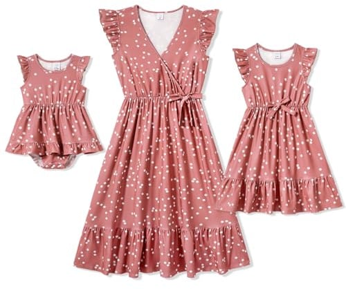 IFFEI Mutter Tochter Kleider Partnerlook Midikleid mit Flattersärmeln & Tupfen, Sommerliches Set für Mama & Mädchen Ideal für Familienfotos & Freizeit