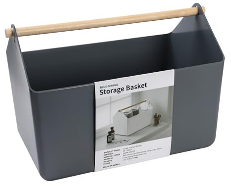 BLUE GINKGO Large Storage Basket – Plastic Caddy with Wooden Handle for Bathroom, Pantry, or Cleaning Supplies (Grey)