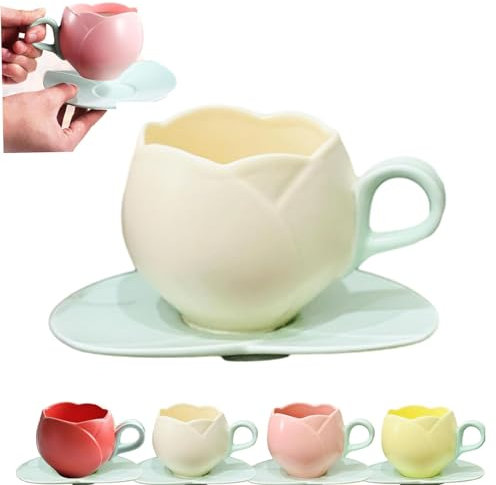 Eunmsi Taza de café de cerámica, taza de café con forma de tulipán, bonita taza rosa para mujer con platillo, taza creativa y bonita de cerámica, taza de flores universal para agua fría y caliente